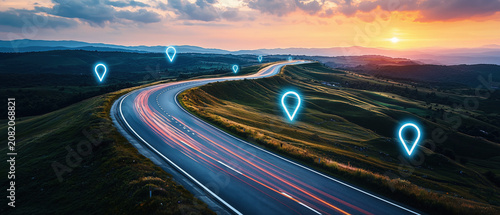 Scenic Curved Road with GPS Location Pins and Sunset Landscape