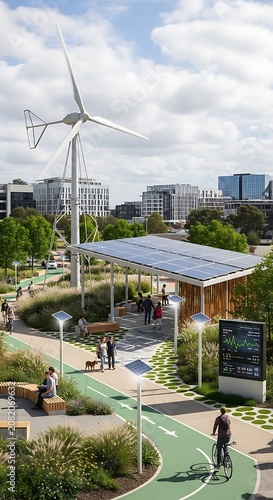 Modern Wind Turbine and Solar Pavilion Standing in Urban Green Park