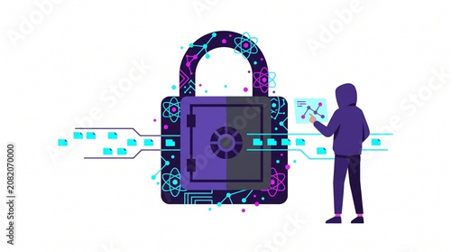 Flat vector illustration of a cybersecurity expert monitoring a digital vault padlock with flowing data folders, representing data encryption