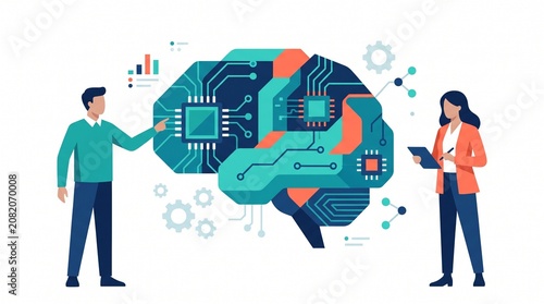 Flat vector illustration of a business tech team analyzing a digital circuit board brain, representing artificial intelligence and machine learning