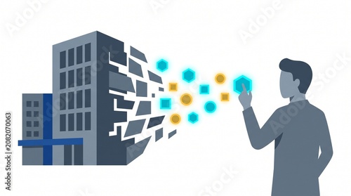 Flat vector illustration of a traditional office building transforming into digital data particles accessed by a businessman, representing digital transformation