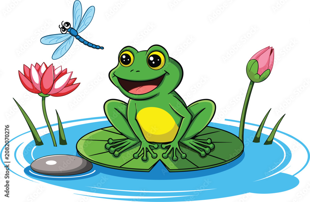 Fototapeta premium Cute cartoon green frog sitting on lily pad in pond with dragonfly, lotus flower vector