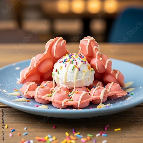 Delicious pink bubble waffle with vanilla ice cream and sprinkles on a blue plate.