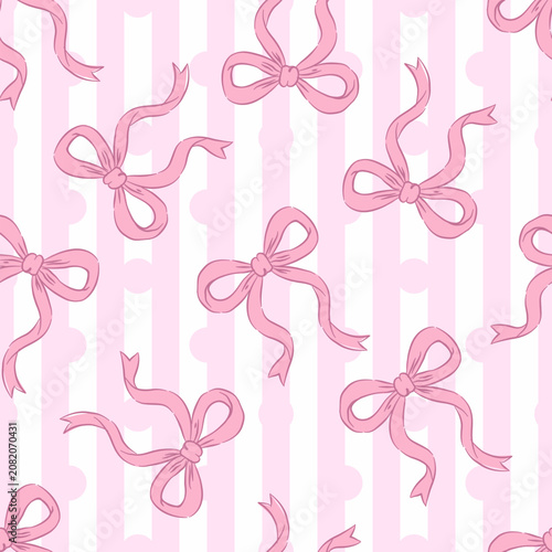 Ribbon seamless pattern with pink bows on pastel striped background, cute feminine decorative design for fabric, wrapping paper, wallpaper, nursery, gift packaging and textile.
