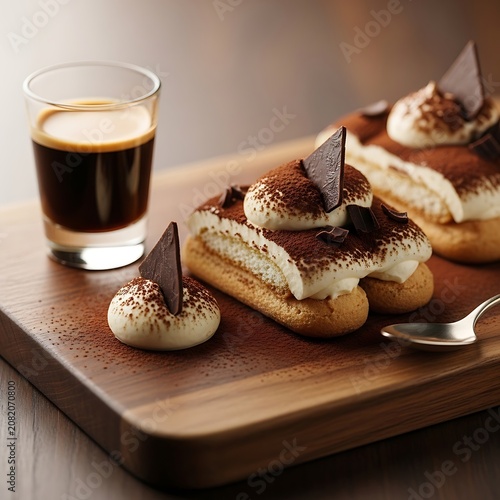 Delicious Tiramisu Dessert Plated with Espresso Shot.