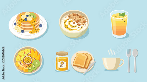 Cuadro en lienzo A vibrant illustration of a delicious breakfast spread featuring pancakes, yogurt, fruit salad, toast, juice, and a hot drink, all adorned with fresh passion fruit and other colorful fruits