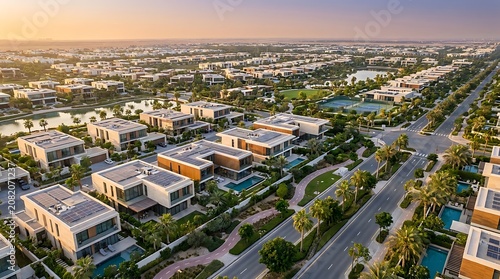 Modern villas with solar panels and private pools at sunset