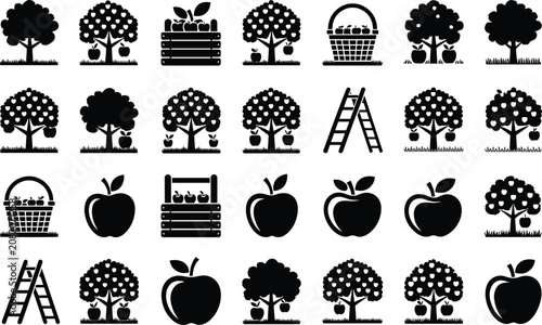 Cuadro en lienzo Black silhouette collection of apple tree icons featuring fresh fruit in orchard