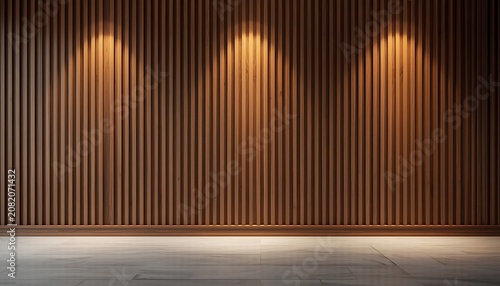 Elegant and professional premium office interior background featuring a modern wall with vertical walnut wood slats, illuminated by warm spotlights, creating a sophisticated and stylish ambiance.