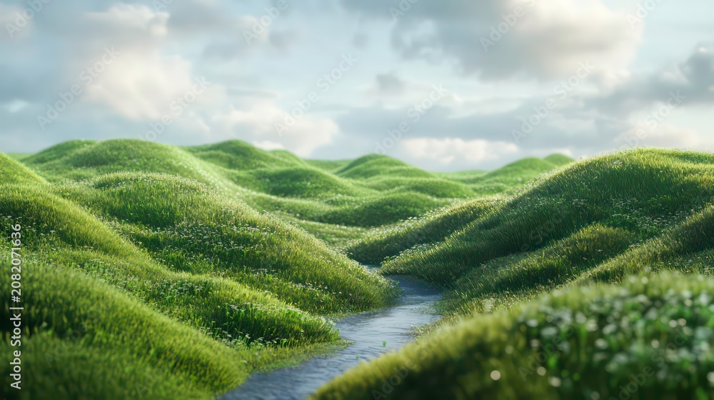 Fototapeta premium Rolling green hills with lush grass and a small winding stream creating a tranquil and picturesque natural landscape.
