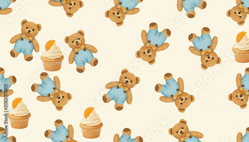 Teddy bear pattern with cupcakes, symbolizing childhood, sweetness, and celebration, suitable for party or baby themes