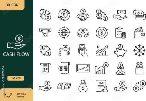 Cash Flow and Money Transaction Line Icon Set with Editable Stroke. Vector Illustration