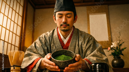 Man in traditional clothing preparing matcha tea in serene interior  