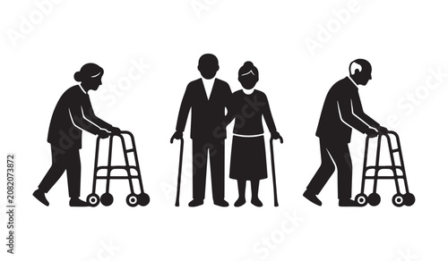 Elderly people and senior citizens silhouette vector illustration isolated on white background.