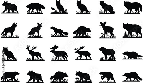 Canvastavla Set of wild animal silhouettes including wolves bears deer and moose for outdoor