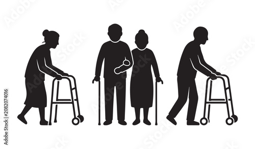 Elderly people and senior citizens silhouette vector illustration isolated on white background.