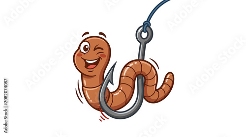 Funny Cartoon Worm on Fishing Hook, Winking and Smiling