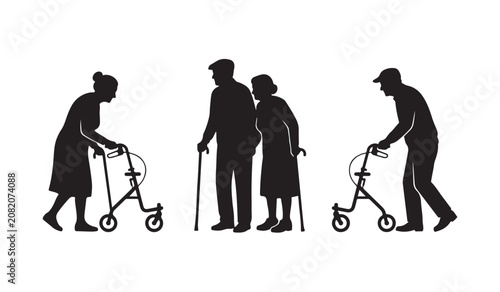 Elderly people and senior citizens silhouette vector illustration isolated on white background.