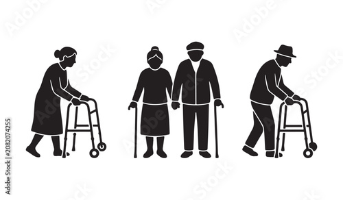 Elderly people and senior citizens silhouette vector illustration isolated on white background.