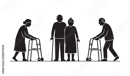 Senior citizens using walker cane mobility support vector icon set