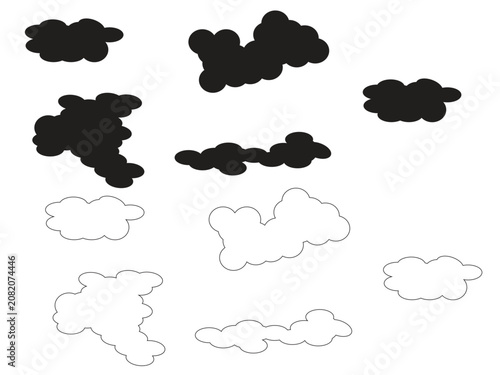 Cloud vector icon set with cloud silhouette and cloud outline shapes. Silhouette cloud icon vector