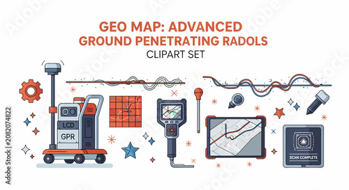 Fotografi Vector illustration of ground penetrating radar tools handheld scanners tablet d