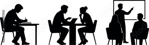 Business meeting and presentation silhouettes showing collaboration and teaching