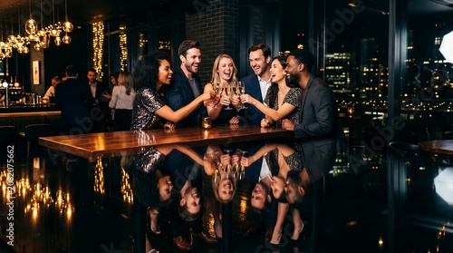 Diverse Group of Friends Celebrating with Drinks at a Luxury Rooftop Bar.