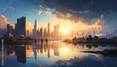 Scenic city skyline at dawn with reflections in calm water and vibrant sky
