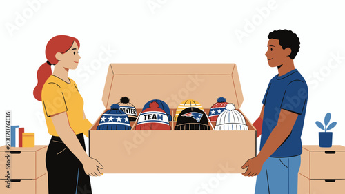 Bild auf Leinwand Two people holding a box of hats.