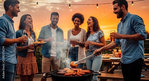 Diverse Group of Friends Enjoying a Rooftop Barbecue Party at Sunset.