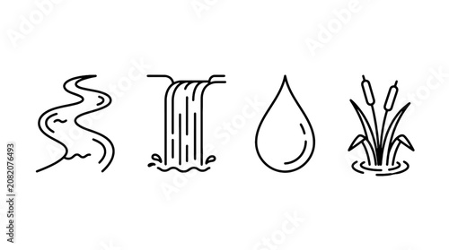 Waterfall and Water Drop Outline Icons Editable Stroke Nature Water Vector Line Symbol Set