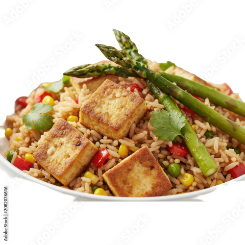 A ceramic white shallow bowl filled with vegetable fried rice, tofu cubes, asparagus, bell peppers, corn, and cilantro on a neutral background, culinary concept
