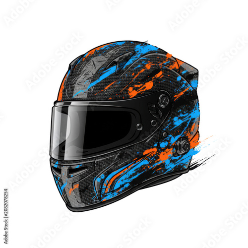 Distressed professional racing helmet with electric blue and neon orange paint splatters on a white background, gritty high-stakes motor racing atmosphere