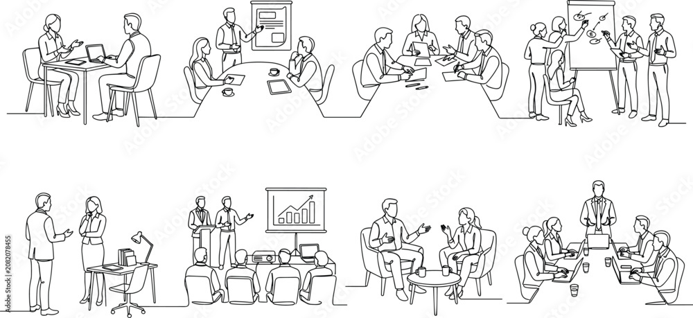 Obraz premium Business Meeting and Office Collaboration Line Art Collection for Corporate Teamwork Vector Set