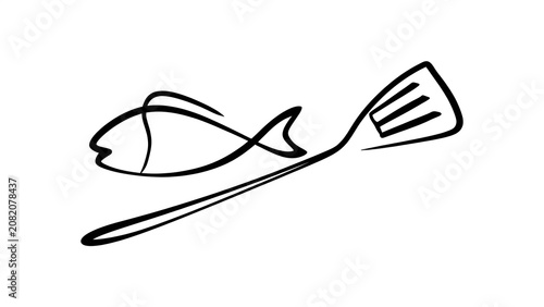 Fish and fork illustration on white background.