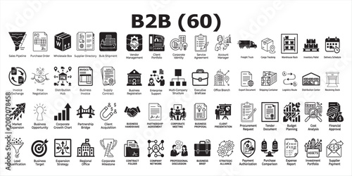 B2b business concepts collection icons illustrating sales logistics finance and strategic partnerships
