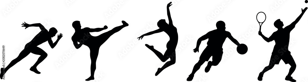 Obraz premium Diverse athletes in motion: runner, martial artist, dancer, basketball player, tennis player