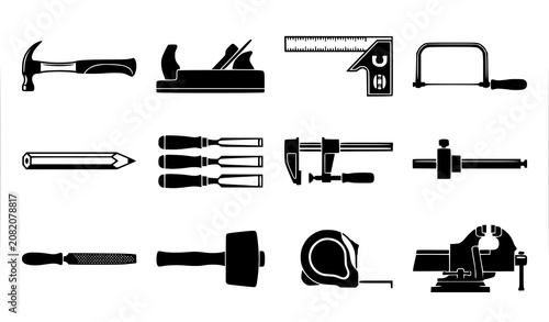 Photos Woodworking Hand Tools and Carpentry Equipment Icon Set Featuring Hammer Planer