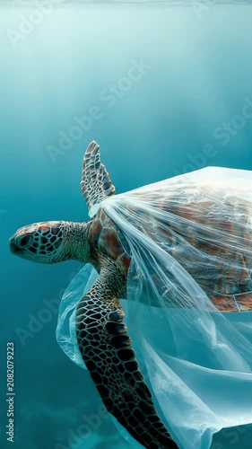 Turtle Entangled in a Plastic Bag, Ocean Pollution, Environment