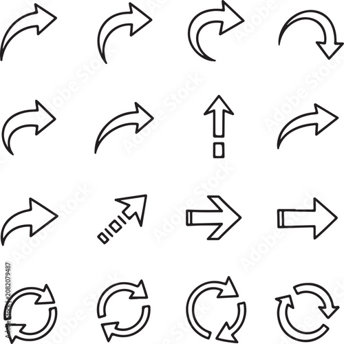 Collection of various black line arrows and direction symbols on white background