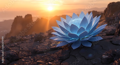 Futuristic blue lotus flower with glowing grid petals on a rugged rocky surface at golden sunset. Sci‑fi nature fusion, hope and renewal concept with cinematic light.
