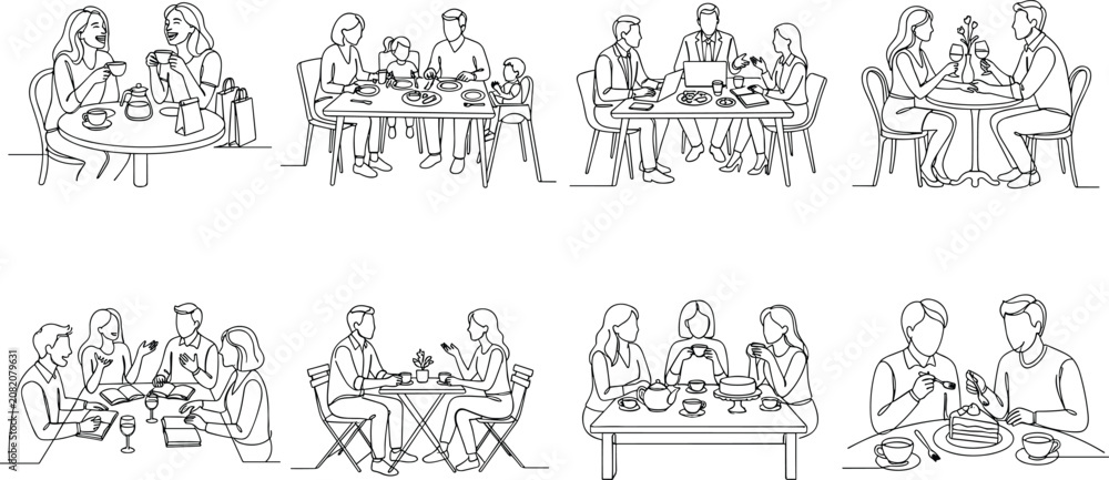 Obraz premium Dining and Social Gathering Line Art Collection with Family Friends and Restaurant Scenes Vector Set