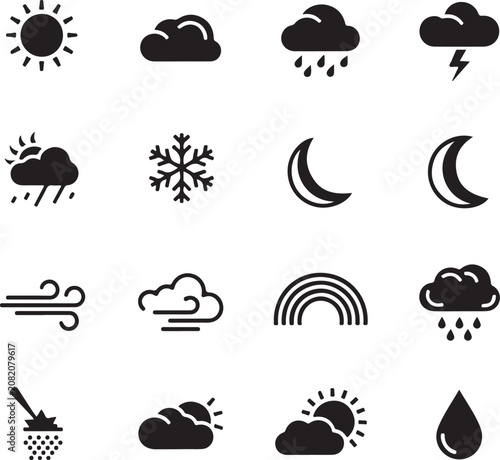 Weather forecast icons set with various conditions and symbols