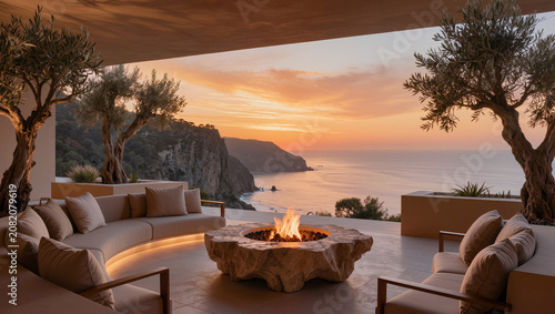 Luxury Terrace with Fire Pit & Ocean View Sunset: Modern Outdoor Living