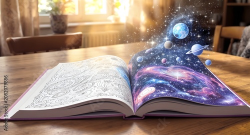 National Coloring Book Day concept: open coloring book on a desk with a vivid galaxy, stars, and planets rising from the pages. Creative learning and imagination theme.