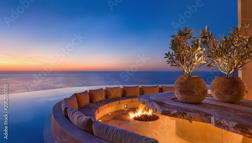 Luxury Terrace with Fire Pit and Ocean View at Sunset