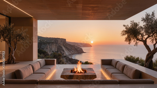 Luxury Terrace with Fire Pit at Sunset Overlooking Ocean and Cliffs