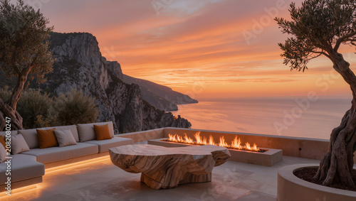 Luxury Terrace with Fire Pit Overlooking Ocean at Sunset