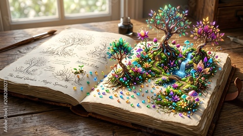 National Coloring Book Day scene: an open sketchbook page turns into a colorful miniature fantasy garden with glowing plants, tiny path, and waterfall on a wooden desk.